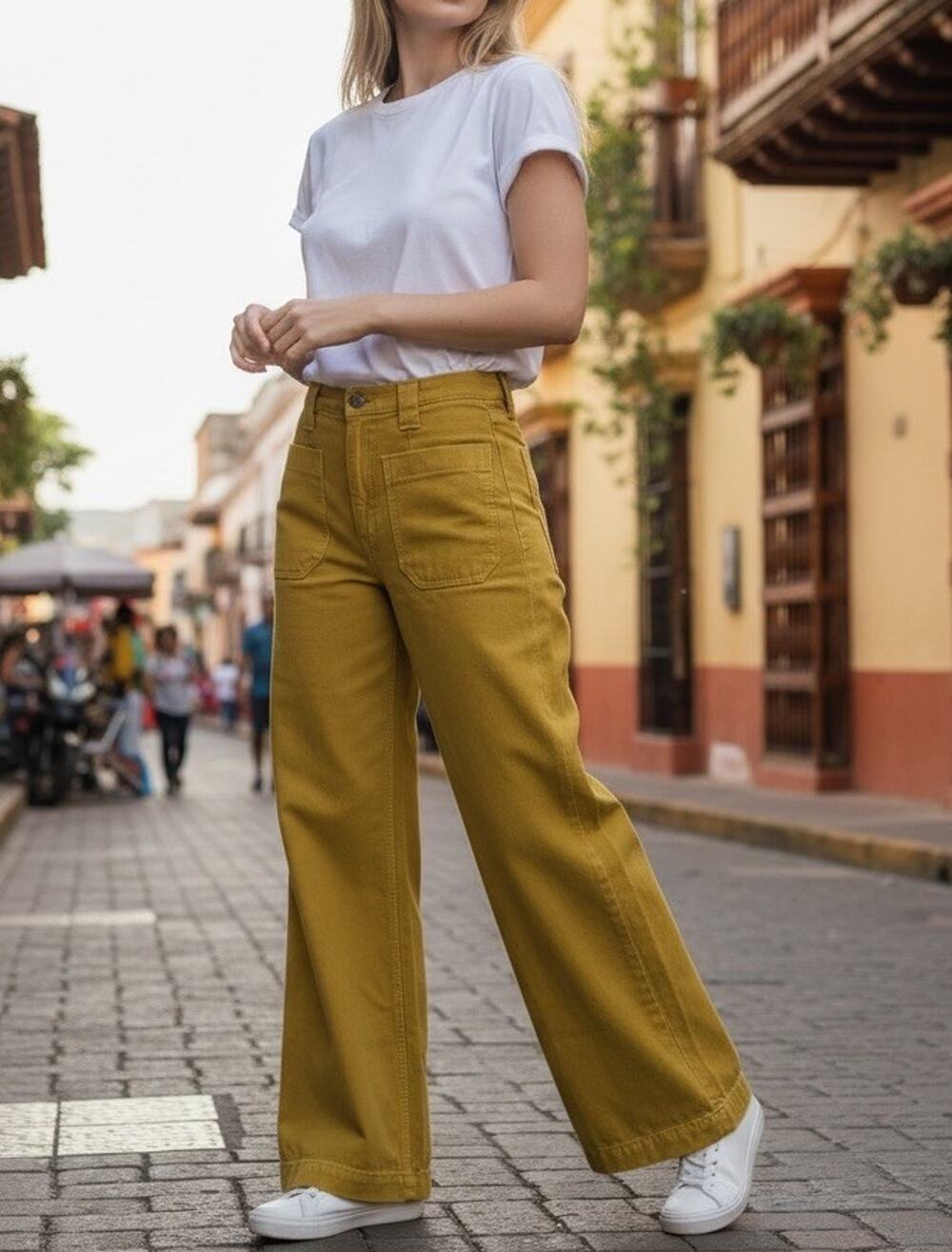 Etica Wide Leg Devon Collette Moss Yellow High Rise Patch Pocket Jean Pant Sz 27